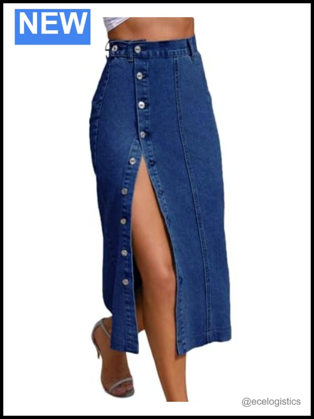 Women's High Rise Midi Denim Skirt with Side Slit, A-Line Stretch Cotton Blue